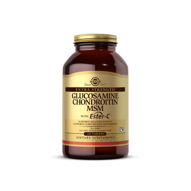 A bottle of Solgar Glucosamine, Chondroitin, MSM with Ester-C dietary supplement contains 180 tablets.